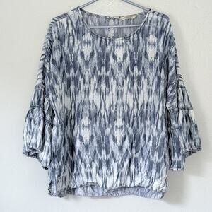Liverpool Blue and White Patterned Blouse with 3/4 bell sleeves